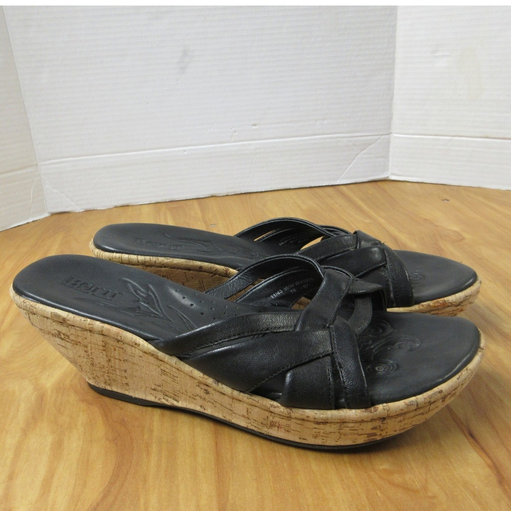 BORN Turbie Crisscross Cork Platform Wedge Sandal Sz 11 Blk Leather Shoes W31075